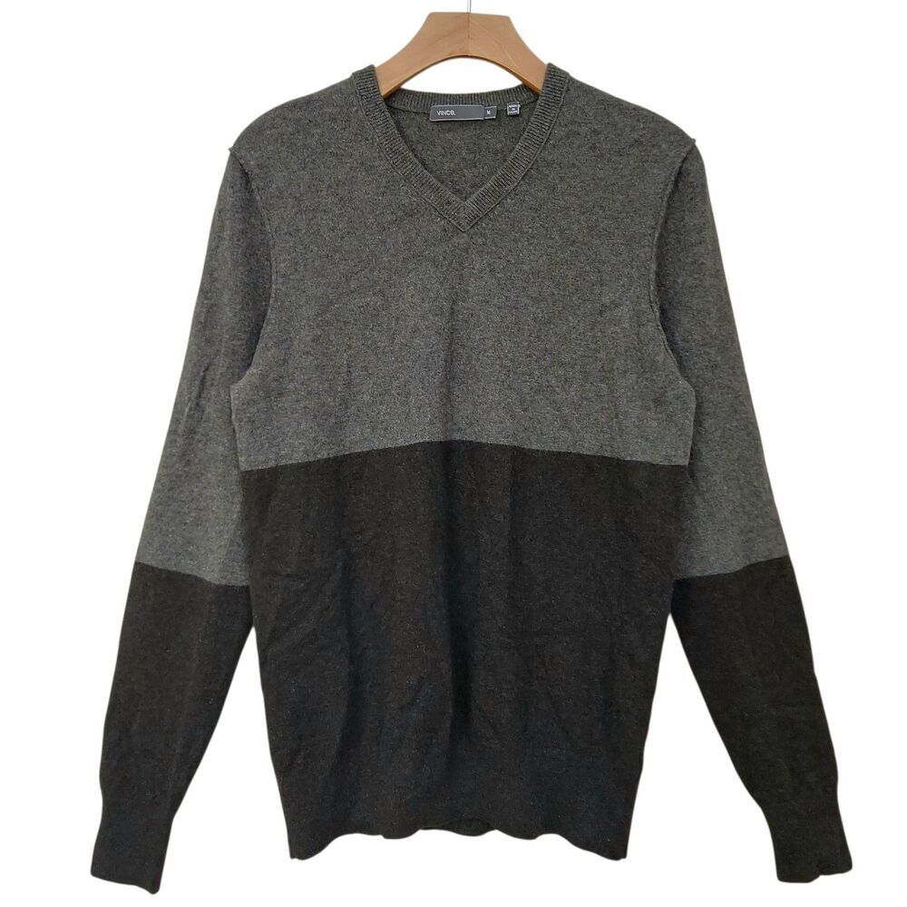 Vince Sweater Mens Medium Gray Black Cashmere Colorblock Knit Office Pullover